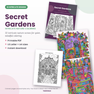 Secret Gardens printable intricate coloring book with 32 detailed designs