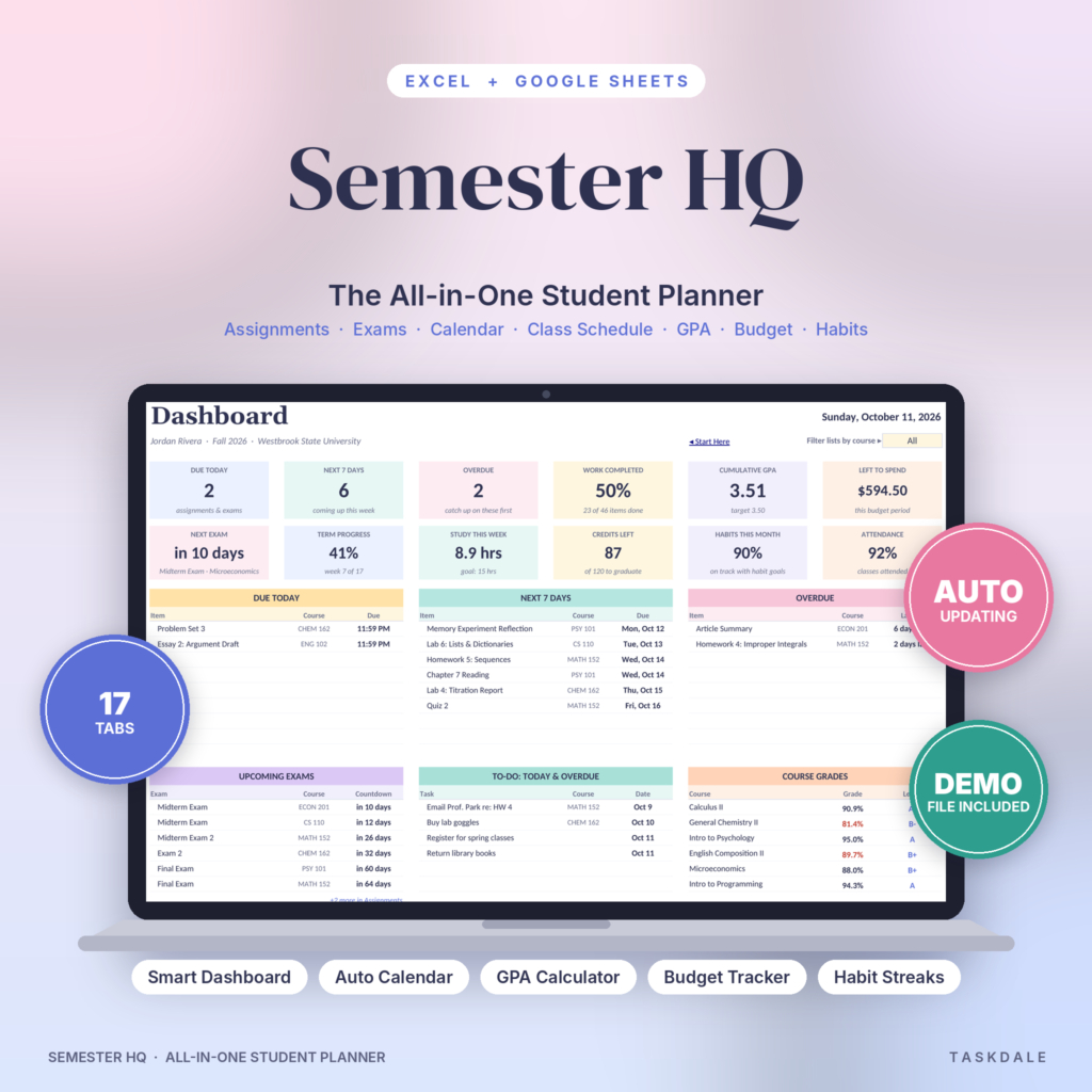 Semester HQ all-in-one student planner spreadsheet dashboard on a laptop