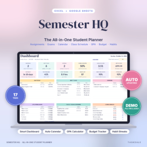 Semester HQ all-in-one student planner spreadsheet dashboard on a laptop
