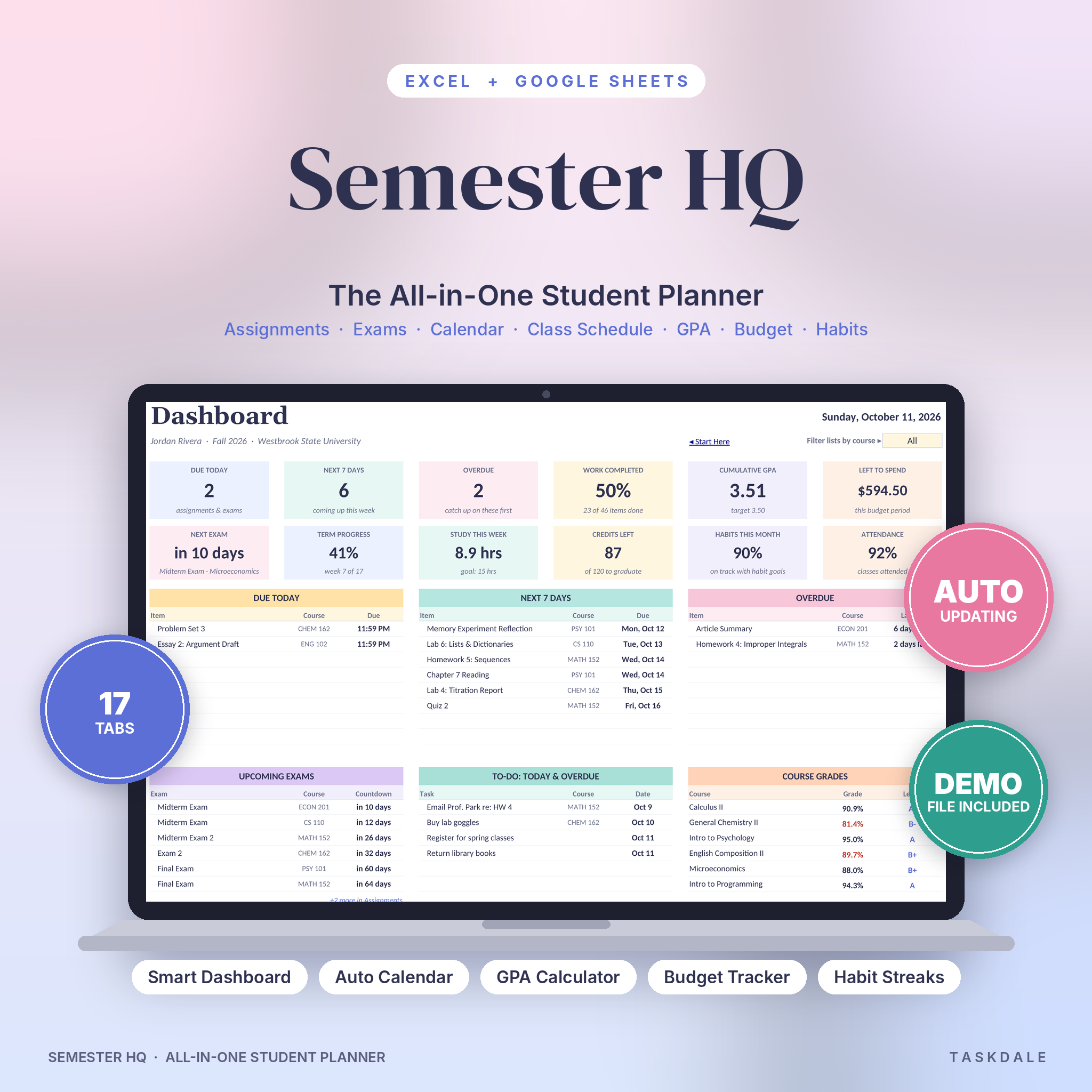 Semester HQ all-in-one student planner spreadsheet dashboard on a laptop