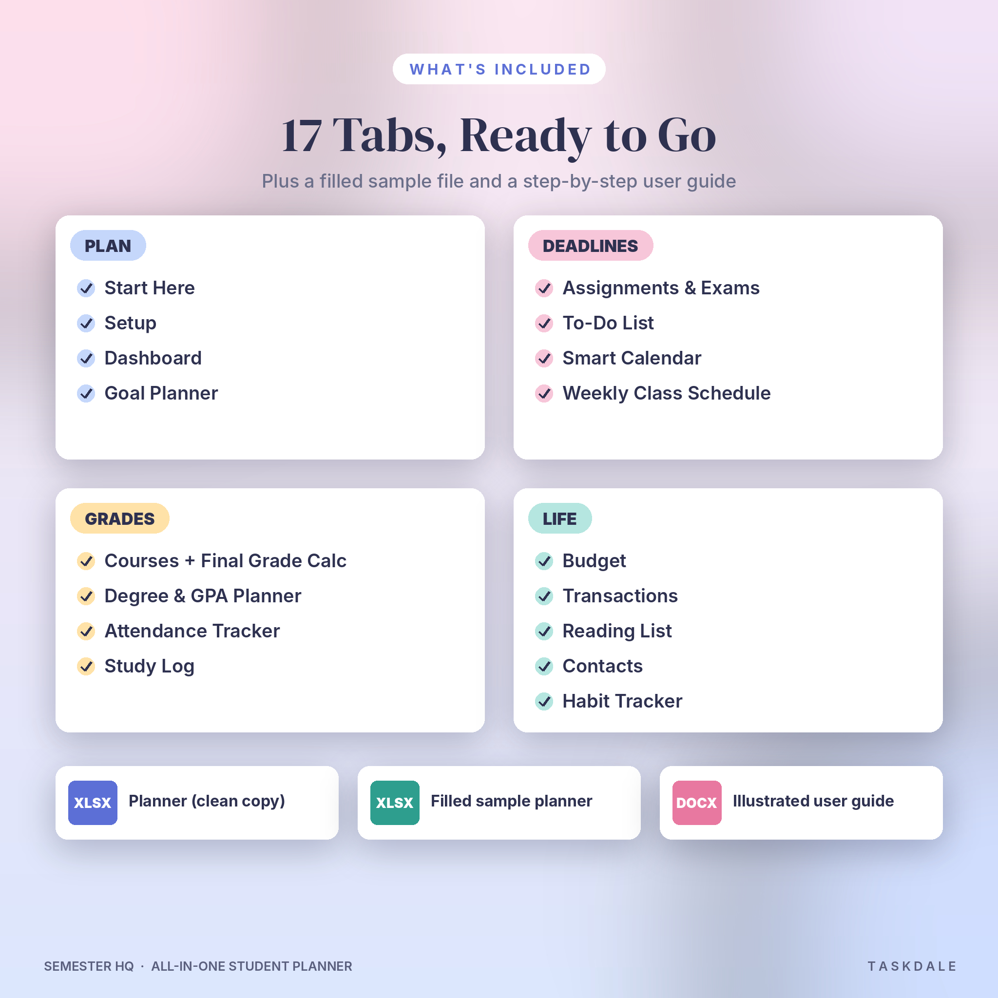 What's included: 17 tabs, sample planner and user guide
