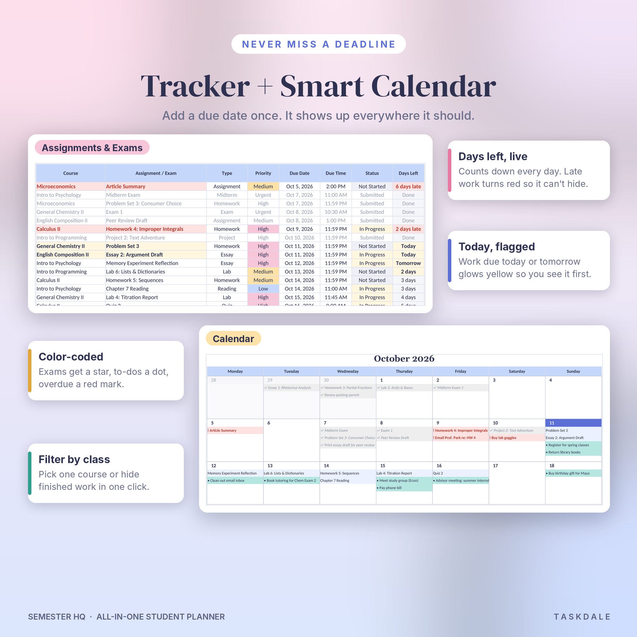 Assignment and exam tracker with smart monthly calendar