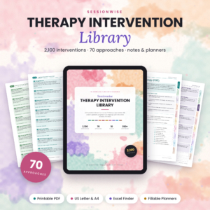 Sessionwise therapy interventions cheat sheet PDF with 2,100 mental health techniques shown on a tablet and printed pages