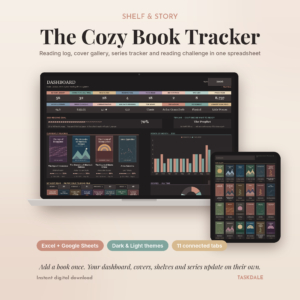 Shelf and Story book tracker spreadsheet dashboard on laptop and tablet
