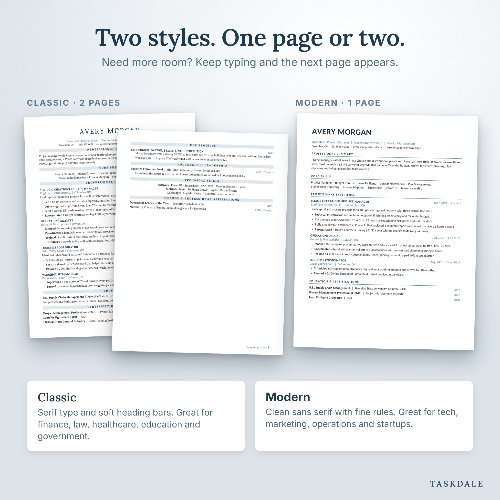 Classic two-page resume and modern one-page resume template styles