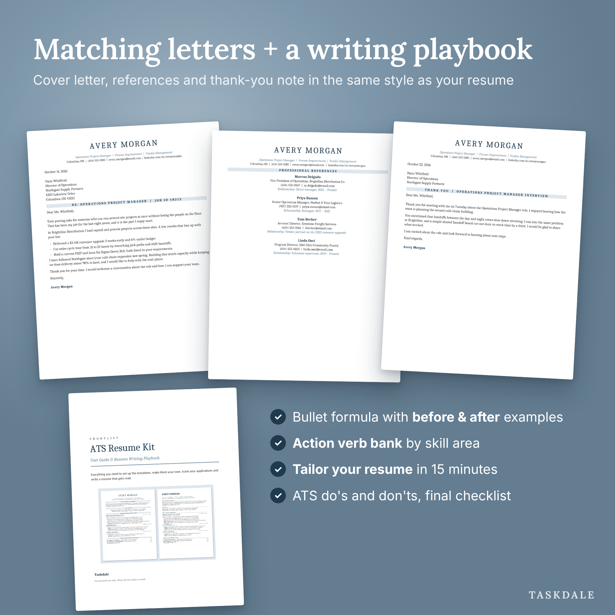 Matching cover letter, references page and thank you letter plus resume writing playbook