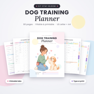 Sit Stay Bloom dog training planner printable and fillable PDF cover with pages