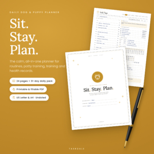 Sit Stay Plan daily dog and puppy planner printable cover and daily page