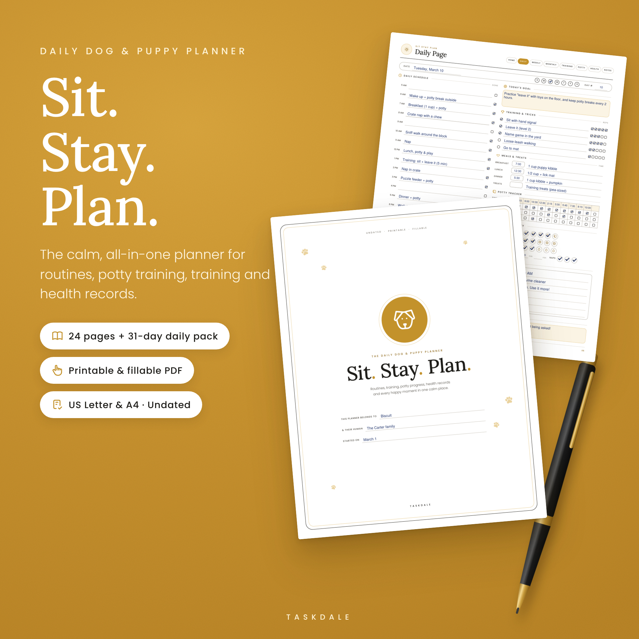 Sit Stay Plan daily dog and puppy planner printable cover and daily page