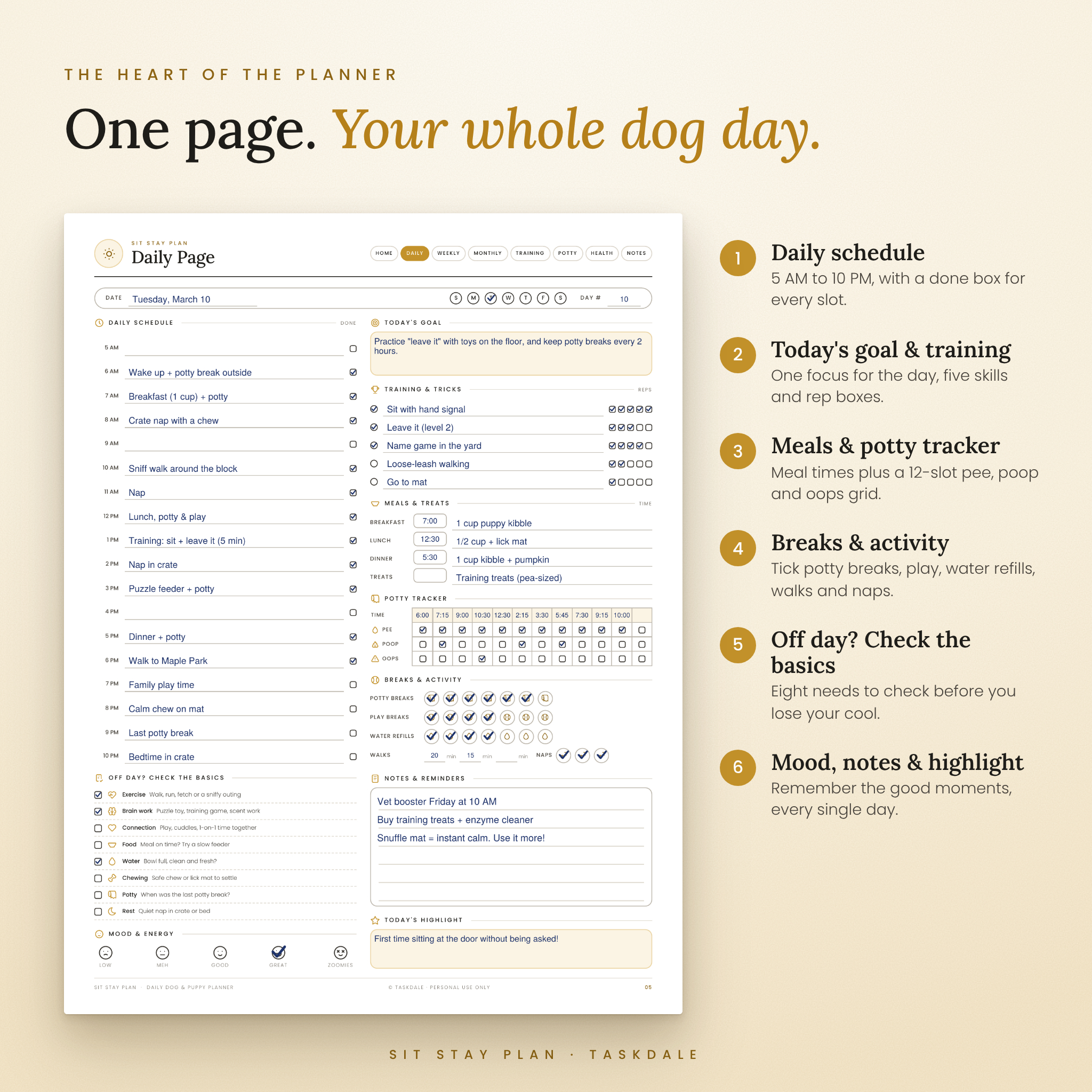 Daily dog planner page with schedule, training, meals and potty tracker