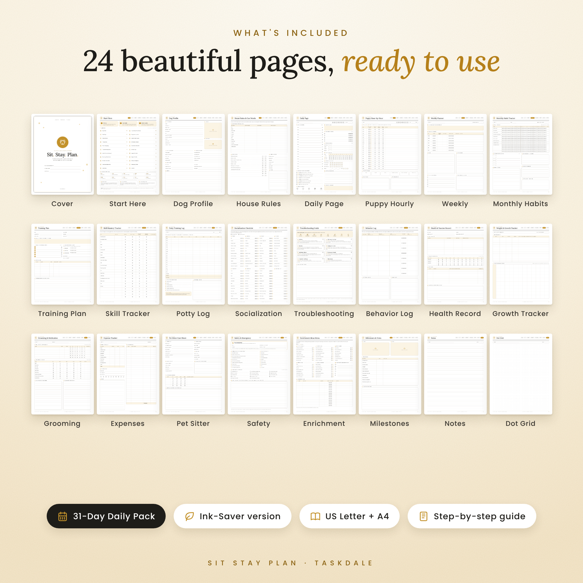 All 24 pages included in the Sit Stay Plan dog planner