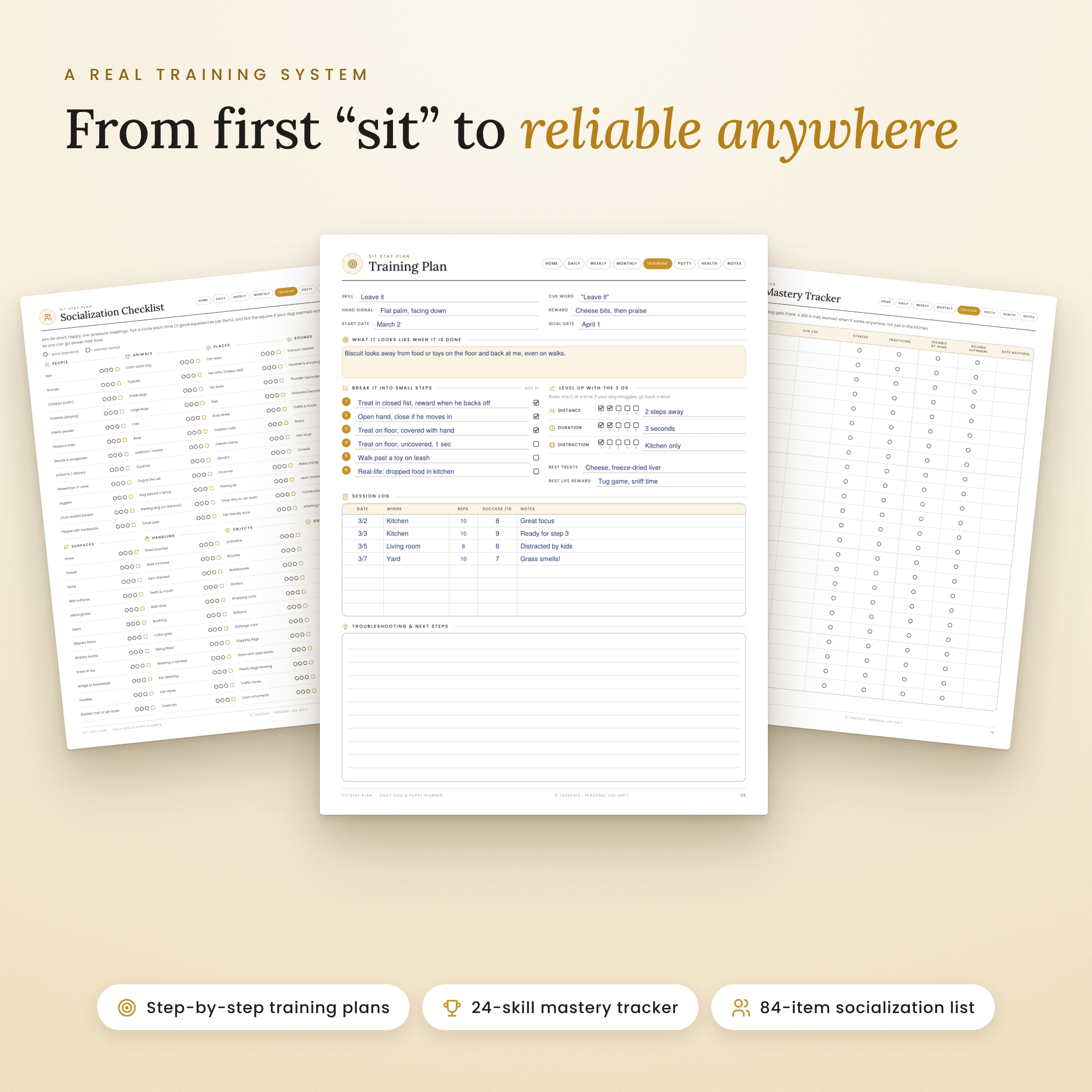 Dog training plan, skill mastery tracker and socialization checklist