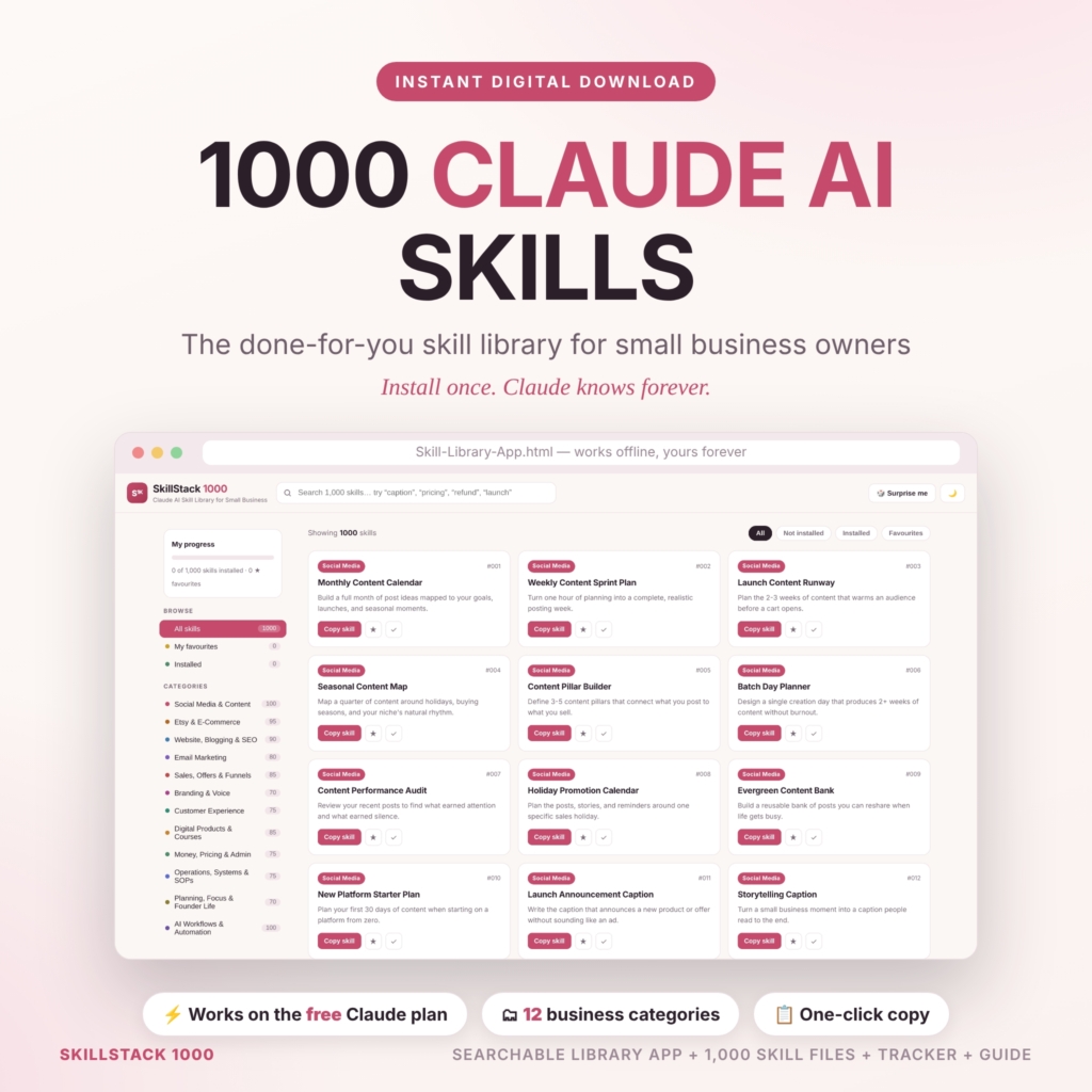 SkillStack 1000 — 1,000 Claude AI skills for small business with searchable offline library app