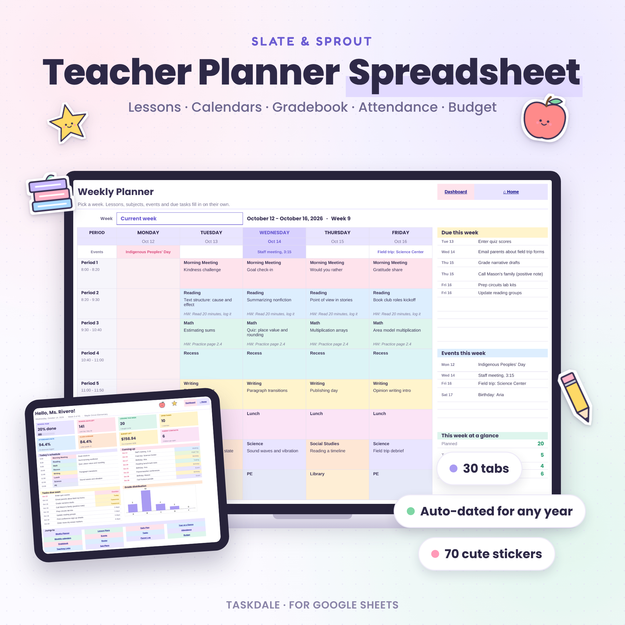 Slate & Sprout teacher planner spreadsheet for Google Sheets with weekly planner and dashboard