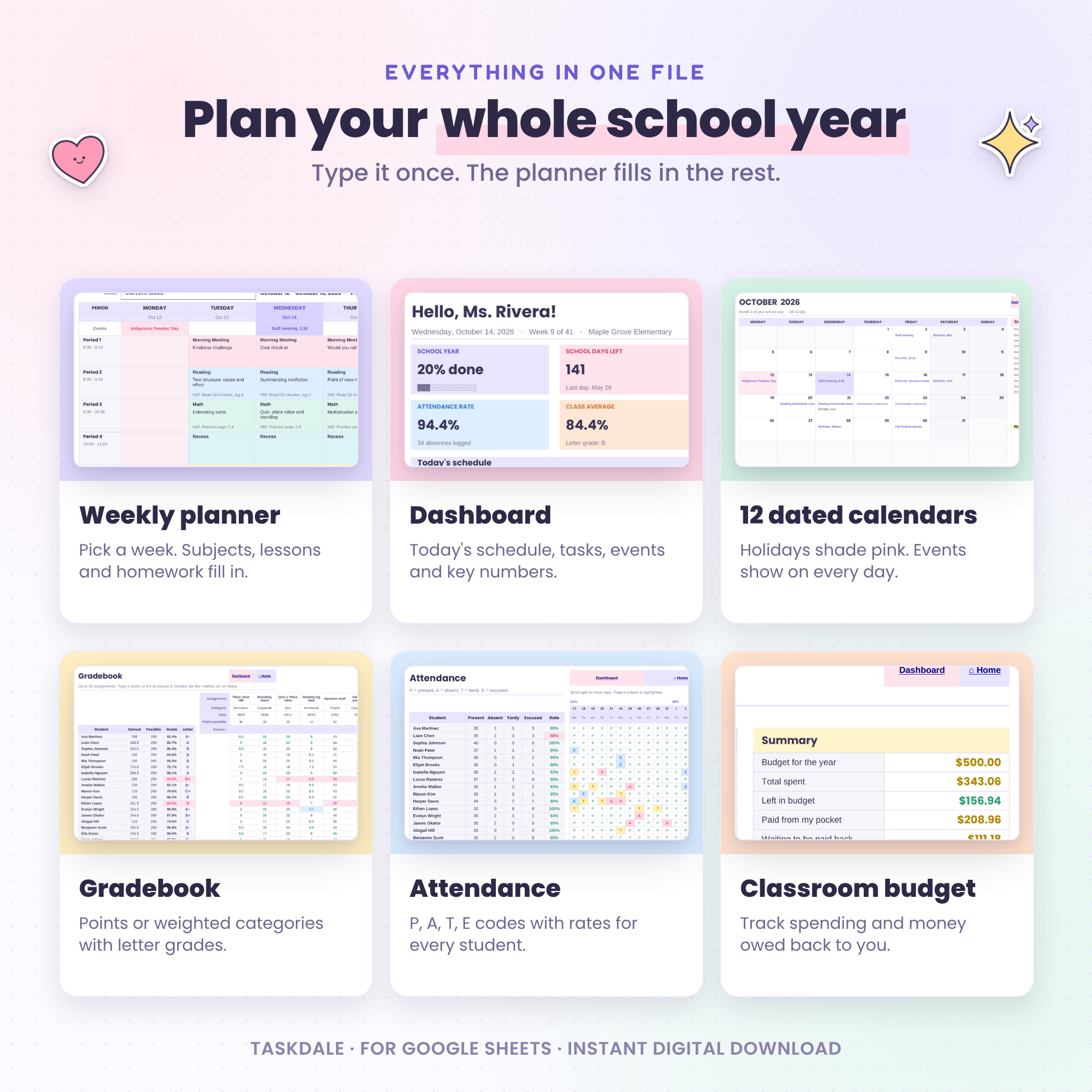 Teacher planner features: weekly planner, dashboard, dated calendars, gradebook, attendance and budget