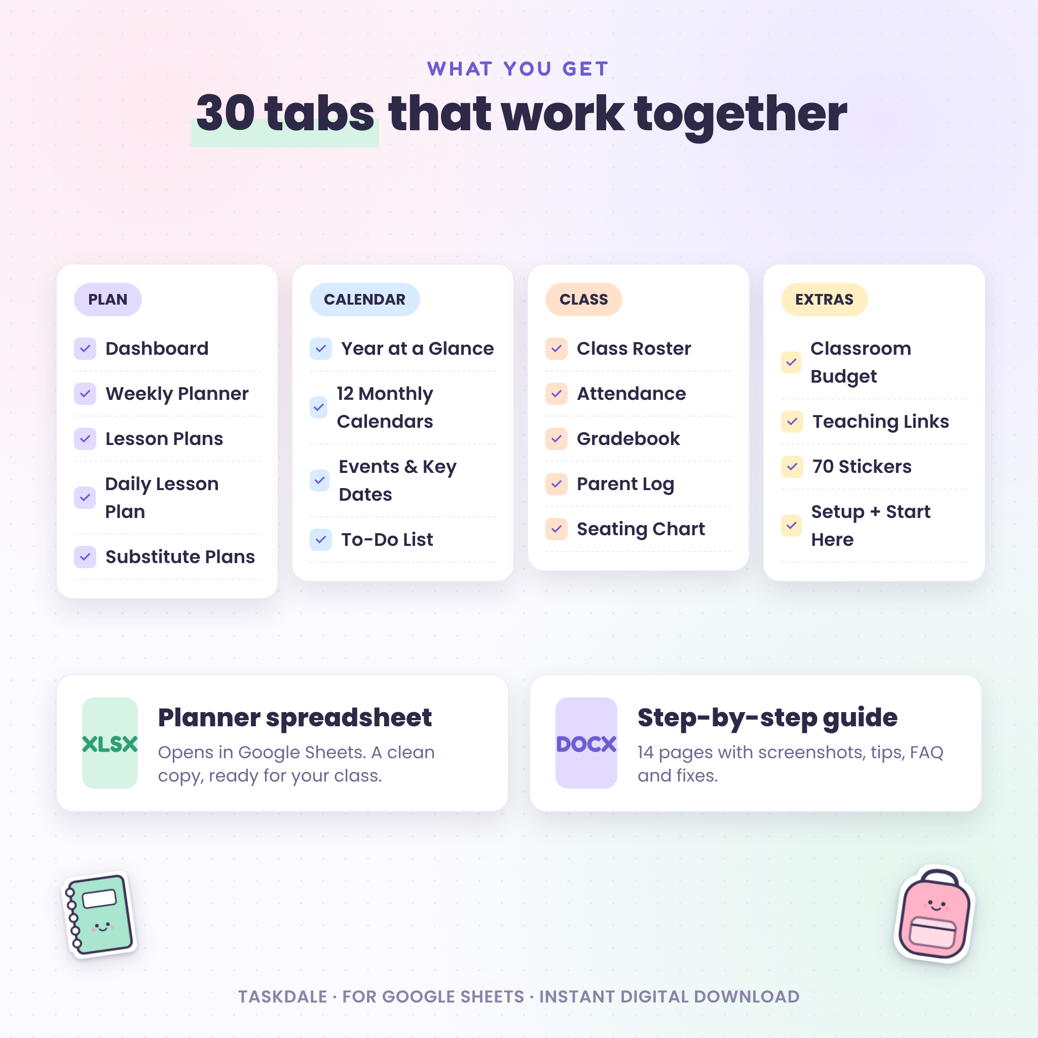 What is included in the teacher planner spreadsheet: 30 tabs and user guide
