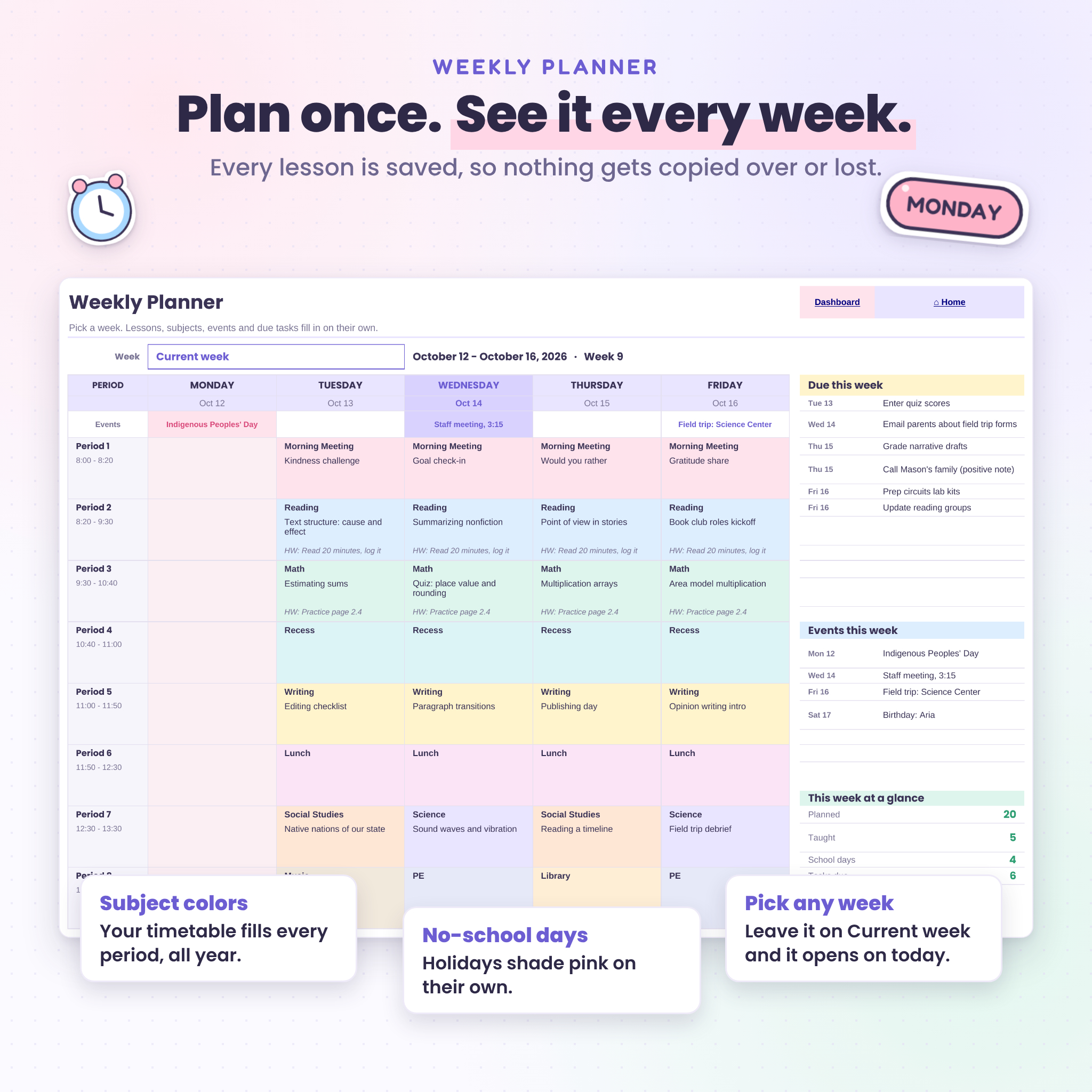 Weekly lesson planner in Google Sheets with subject colors and holidays
