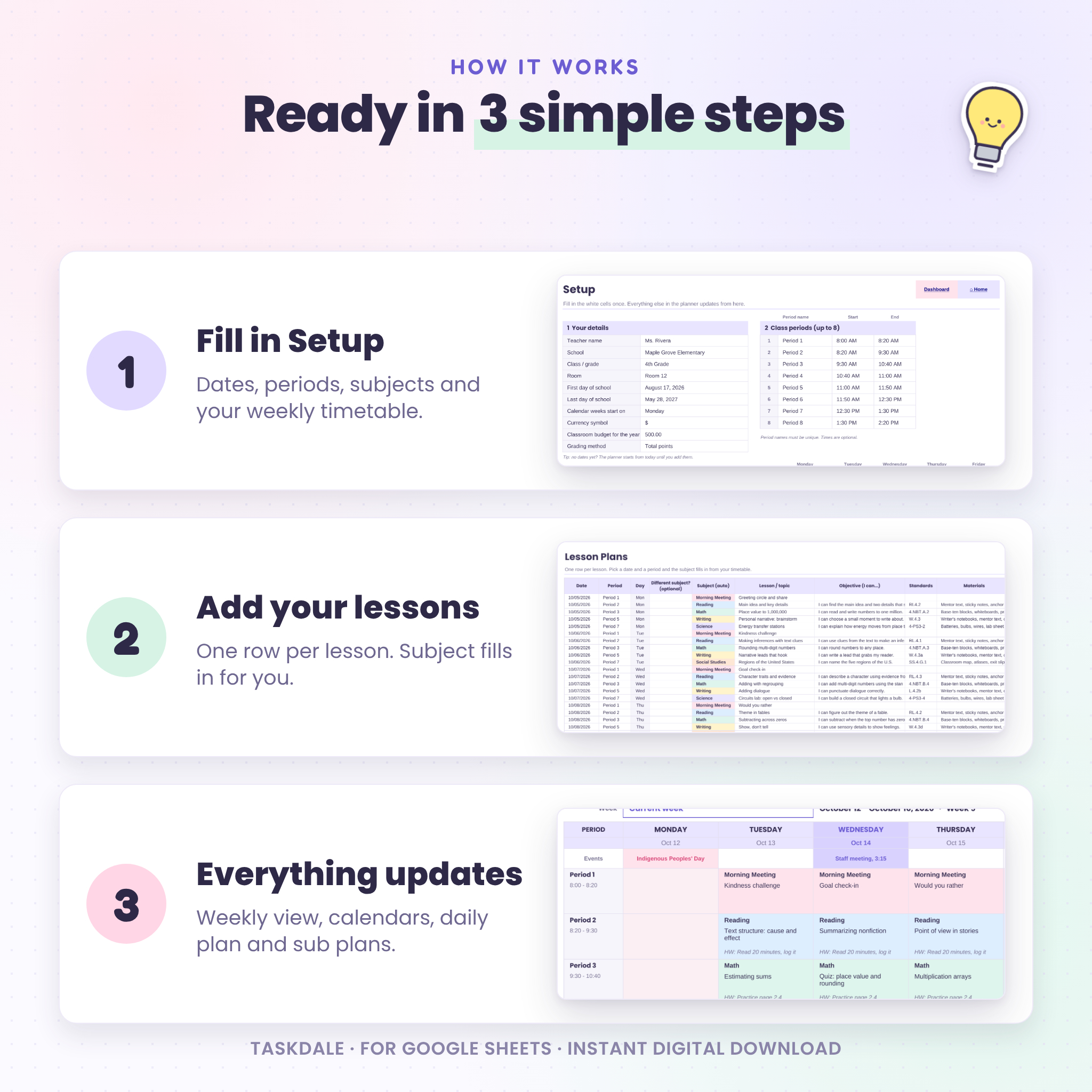 How the teacher planner works in 3 steps: setup, add lessons, weekly view updates