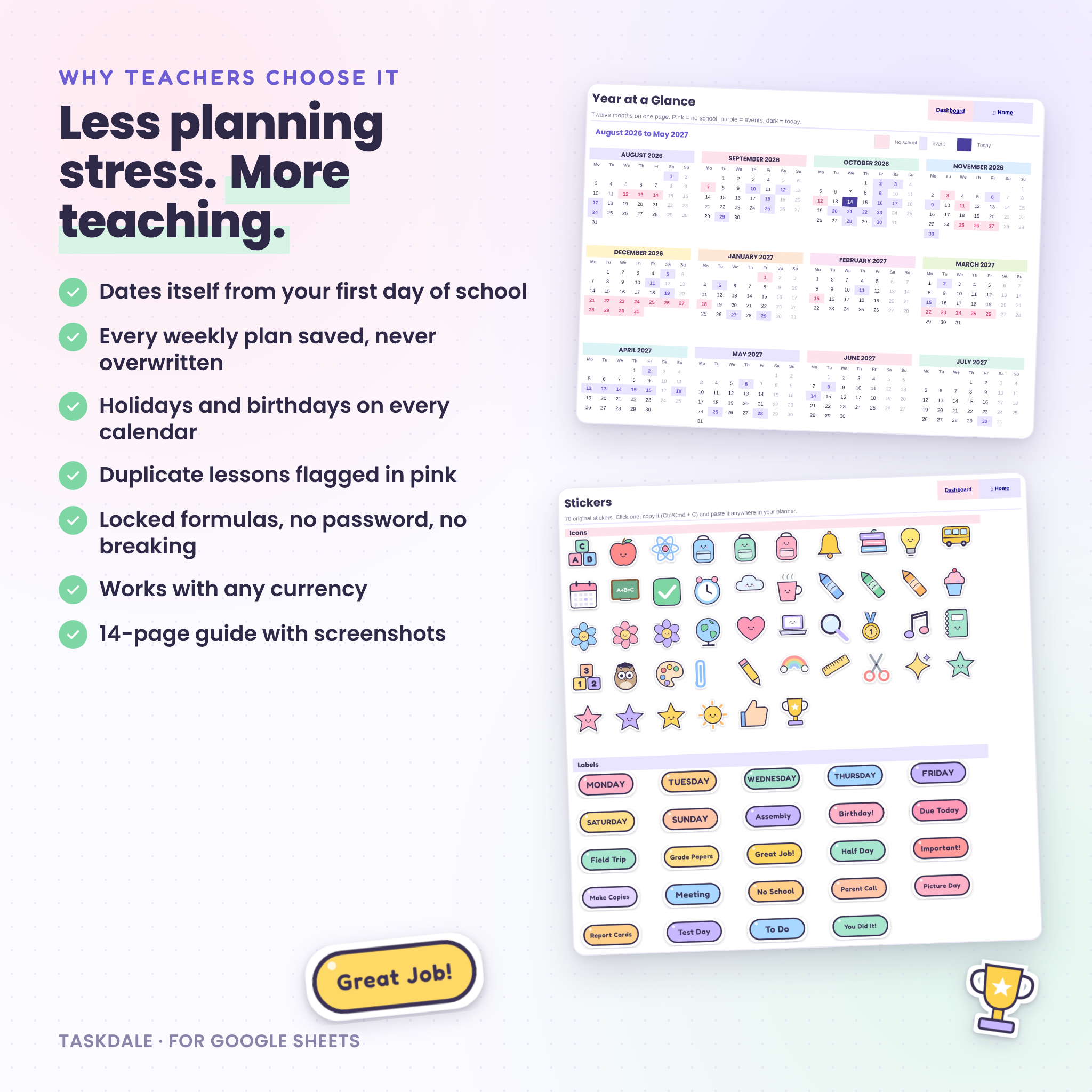 Year at a glance calendar and 70 teacher planner stickers