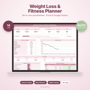 SlimBloom weight loss and fitness planner spreadsheet dashboard on a laptop