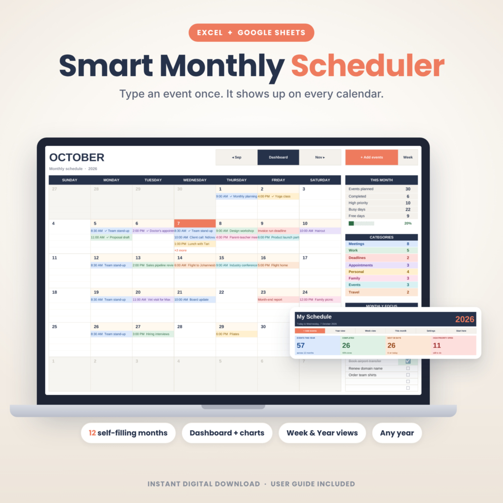 Smart Monthly Scheduler spreadsheet shown on a laptop with October calendar and dashboard