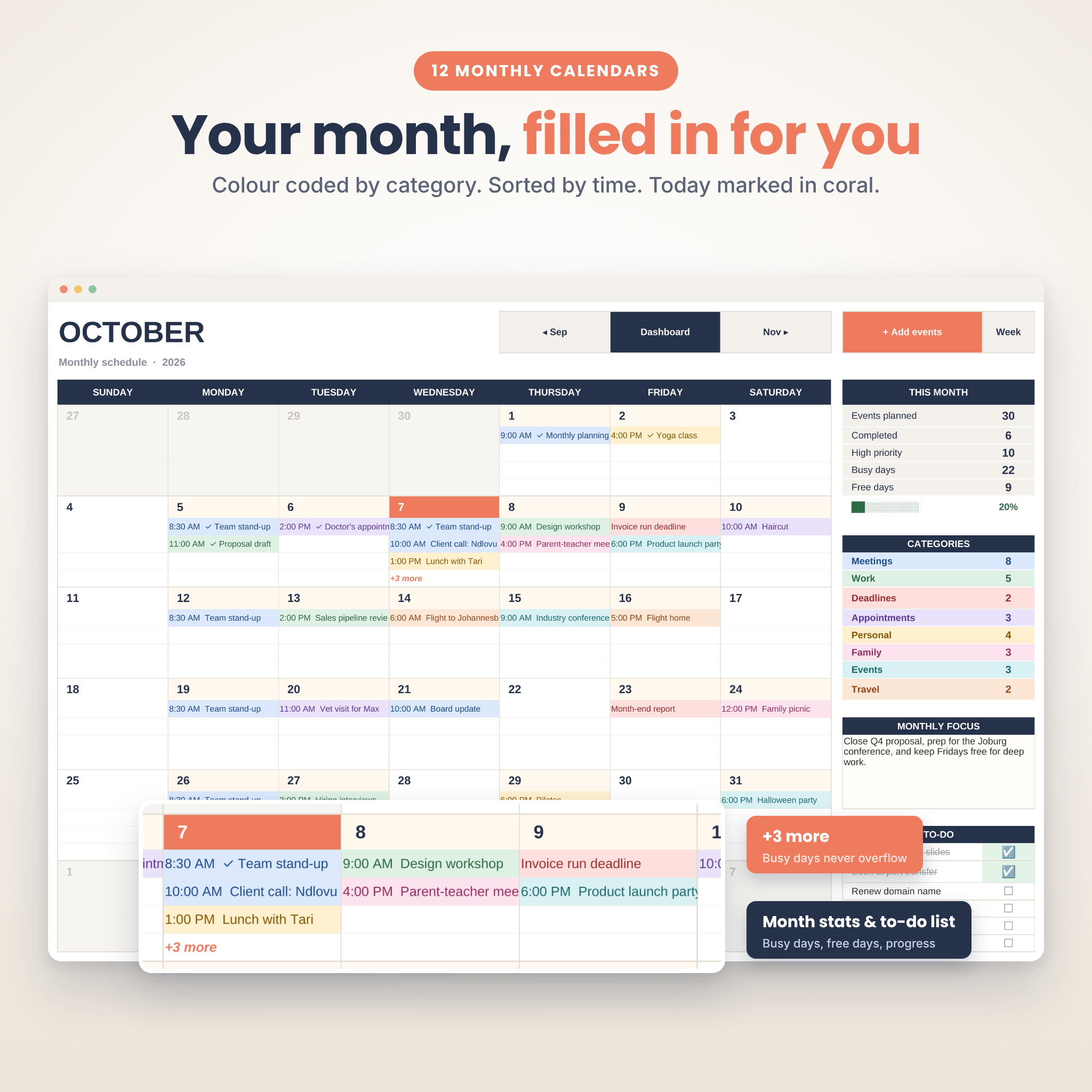 Monthly calendar tab colour coded by category with today highlighted