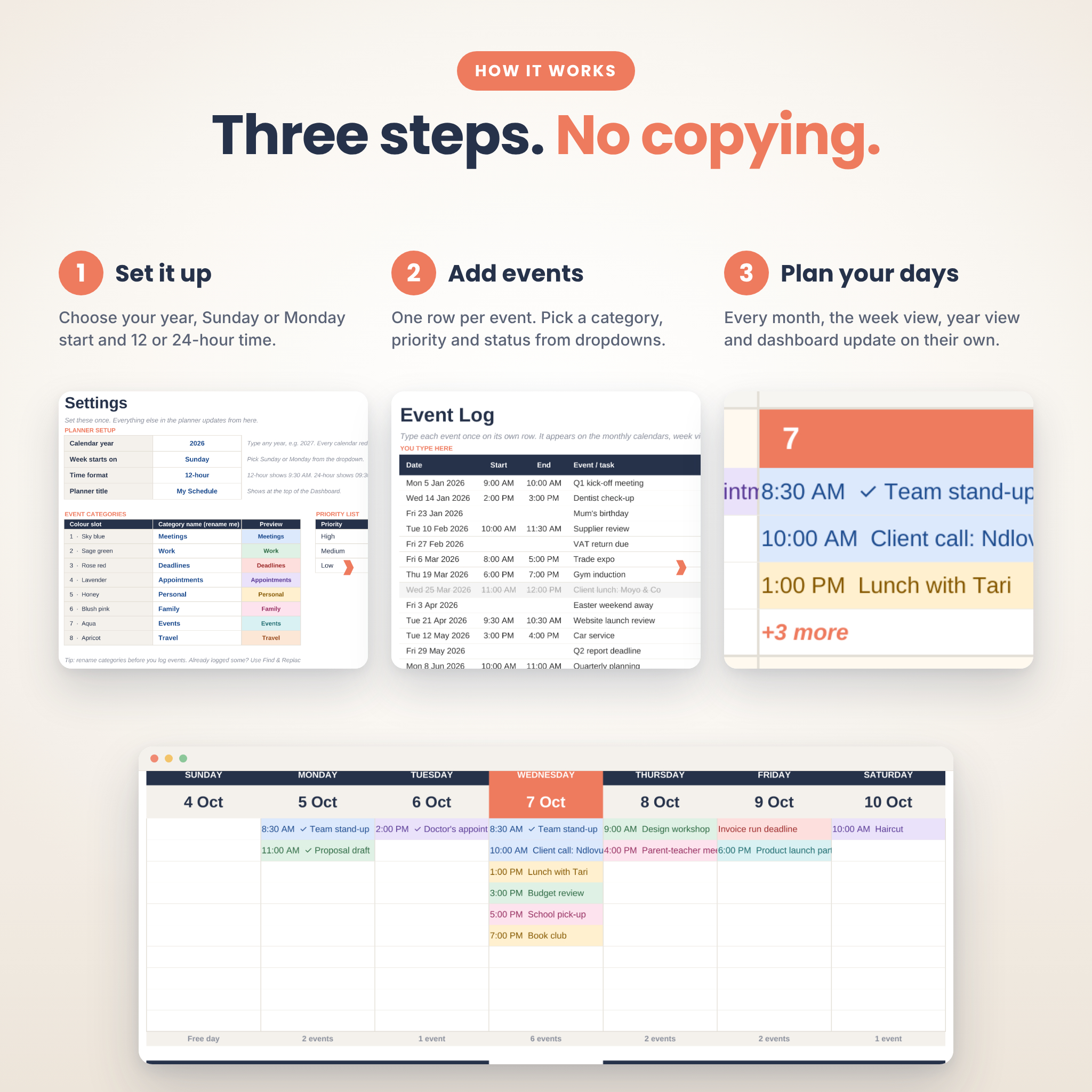 How it works: set up, add events, plan your days
