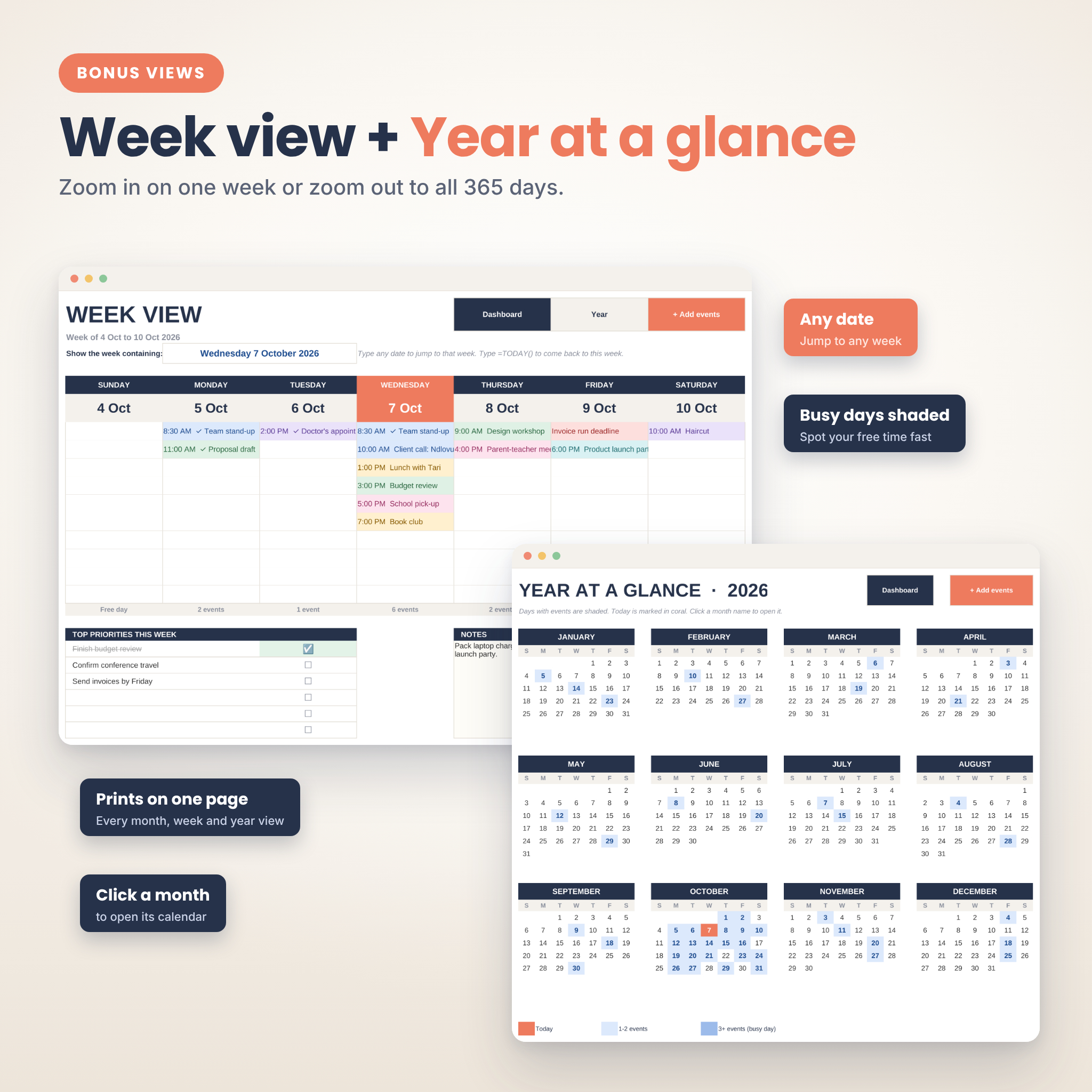 Week view and year at a glance tabs