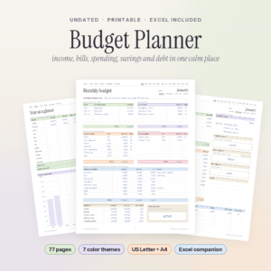 Soft Ledger Budget Planner printable with monthly budget, overview and year at a glance pages