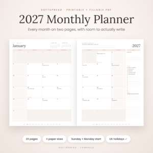 2027 monthly planner printable month on two pages