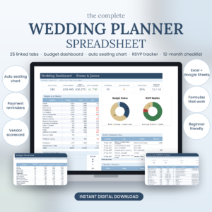 Wedding Planner Spreadsheet for Excel & Google Sheets | Budget Tracker, Guest List, RSVP, Seating Chart, Vendor Tracker, 12-Month Checklist