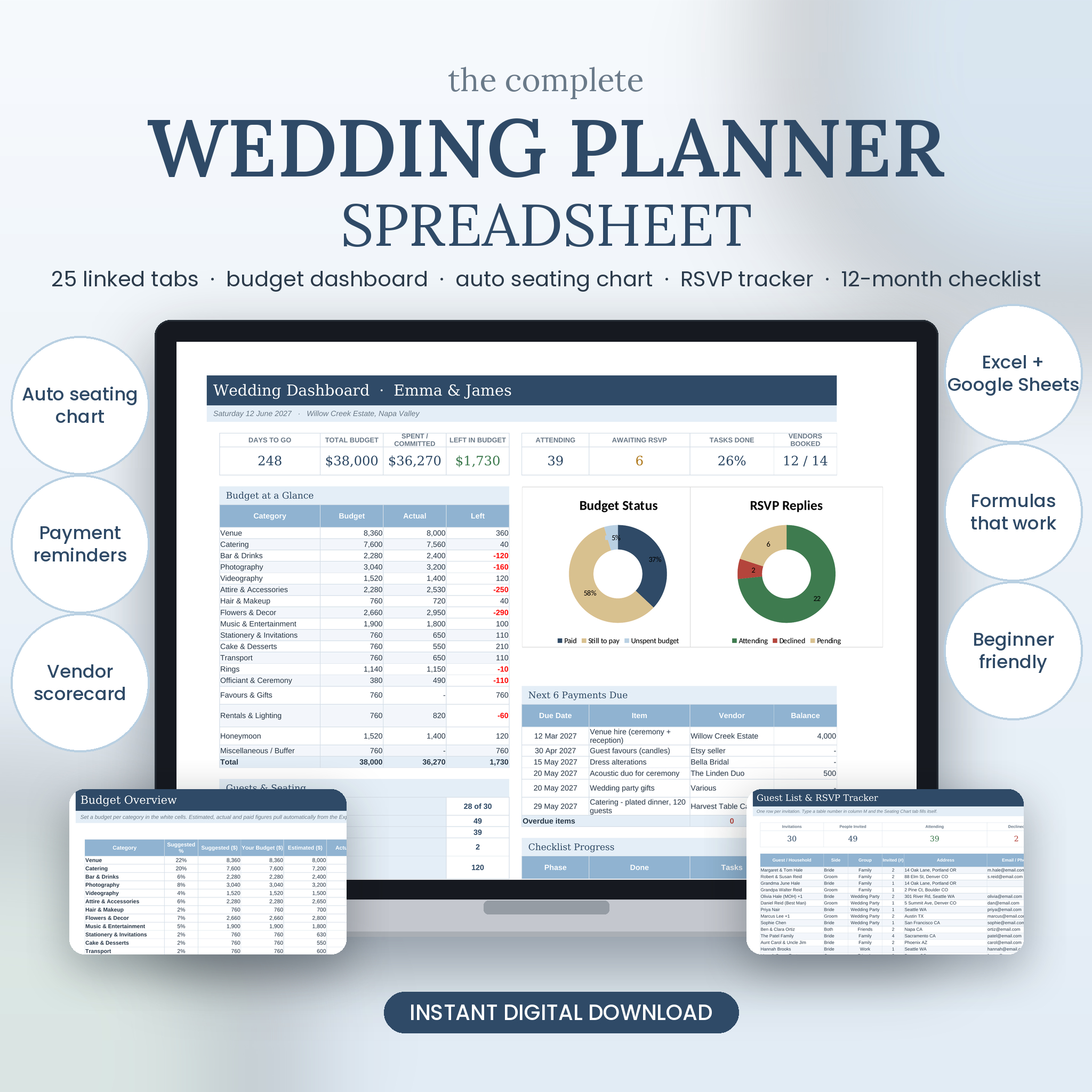Wedding Planner Spreadsheet for Excel & Google Sheets | Budget Tracker, Guest List, RSVP, Seating Chart, Vendor Tracker, 12-Month Checklist