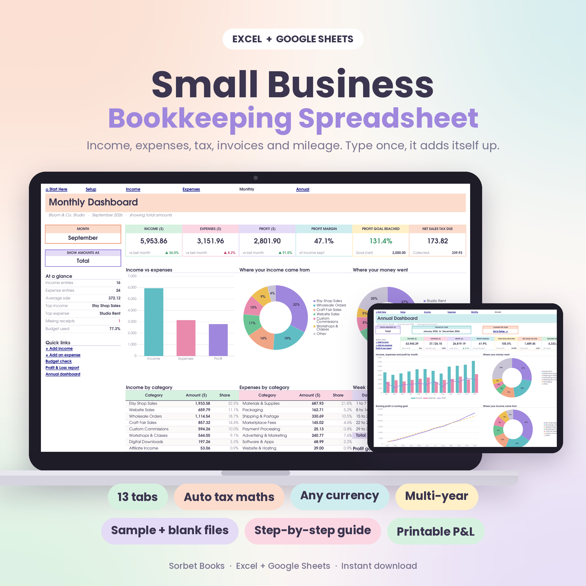 Sorbet Books small business bookkeeping spreadsheet for Excel and Google Sheets
