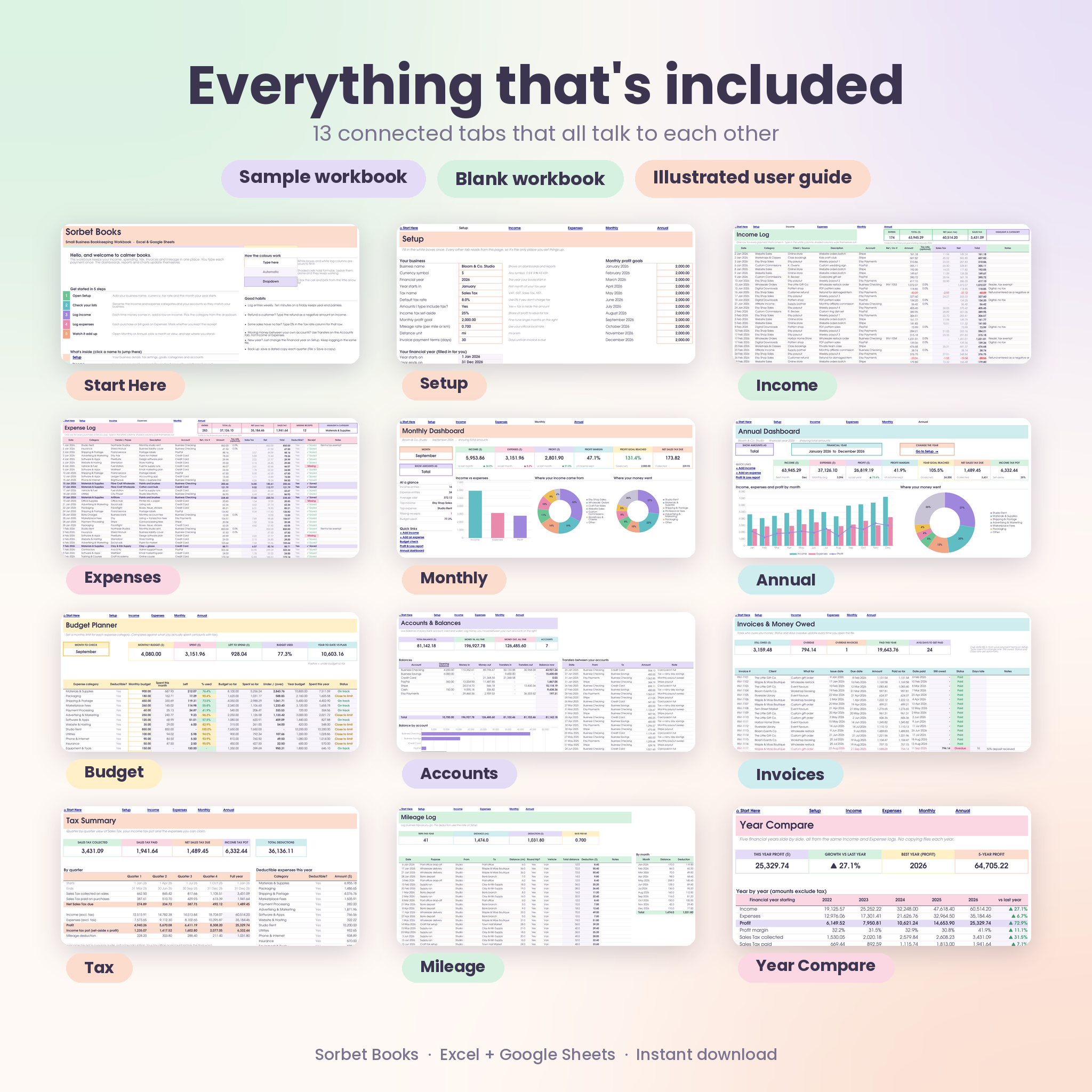 All 13 tabs included in the bookkeeping workbook