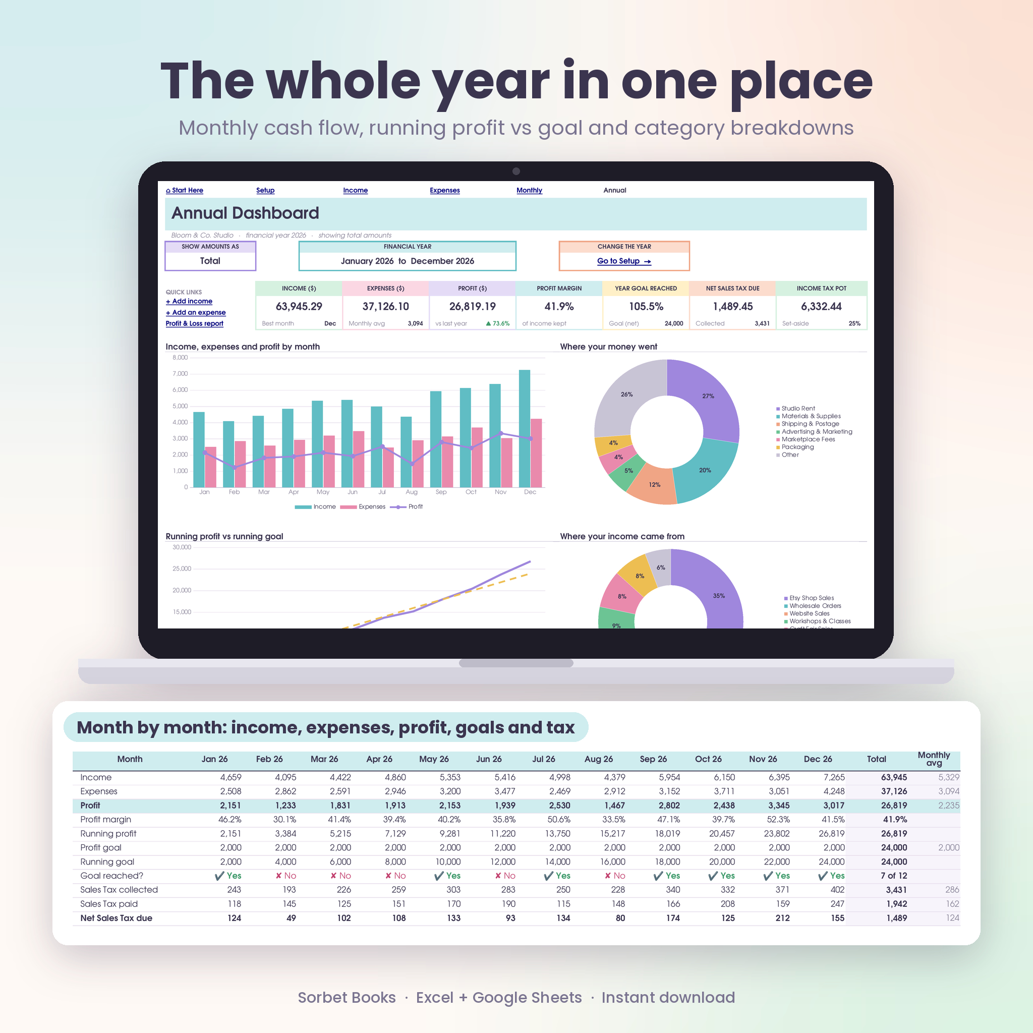 Annual bookkeeping dashboard with month by month cash flow