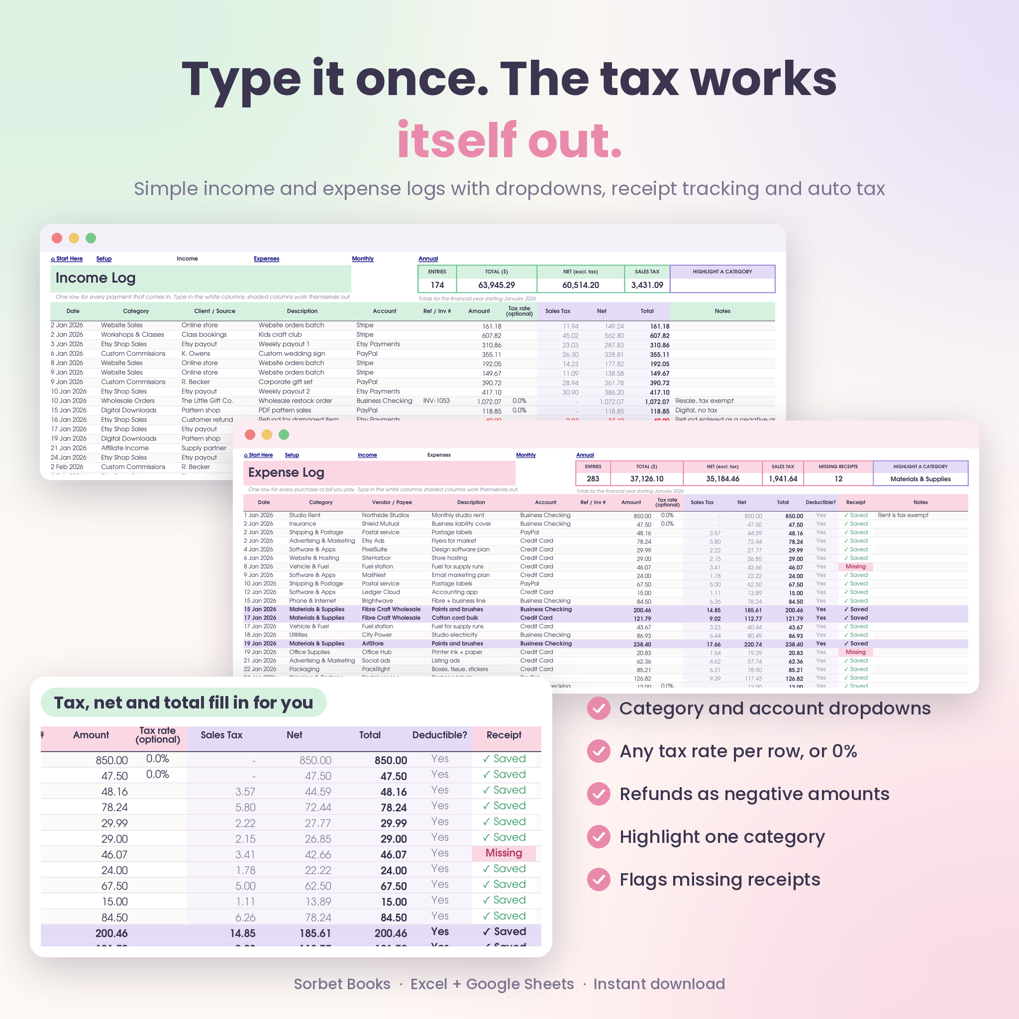 Income and expense log with automatic tax and receipt tracking