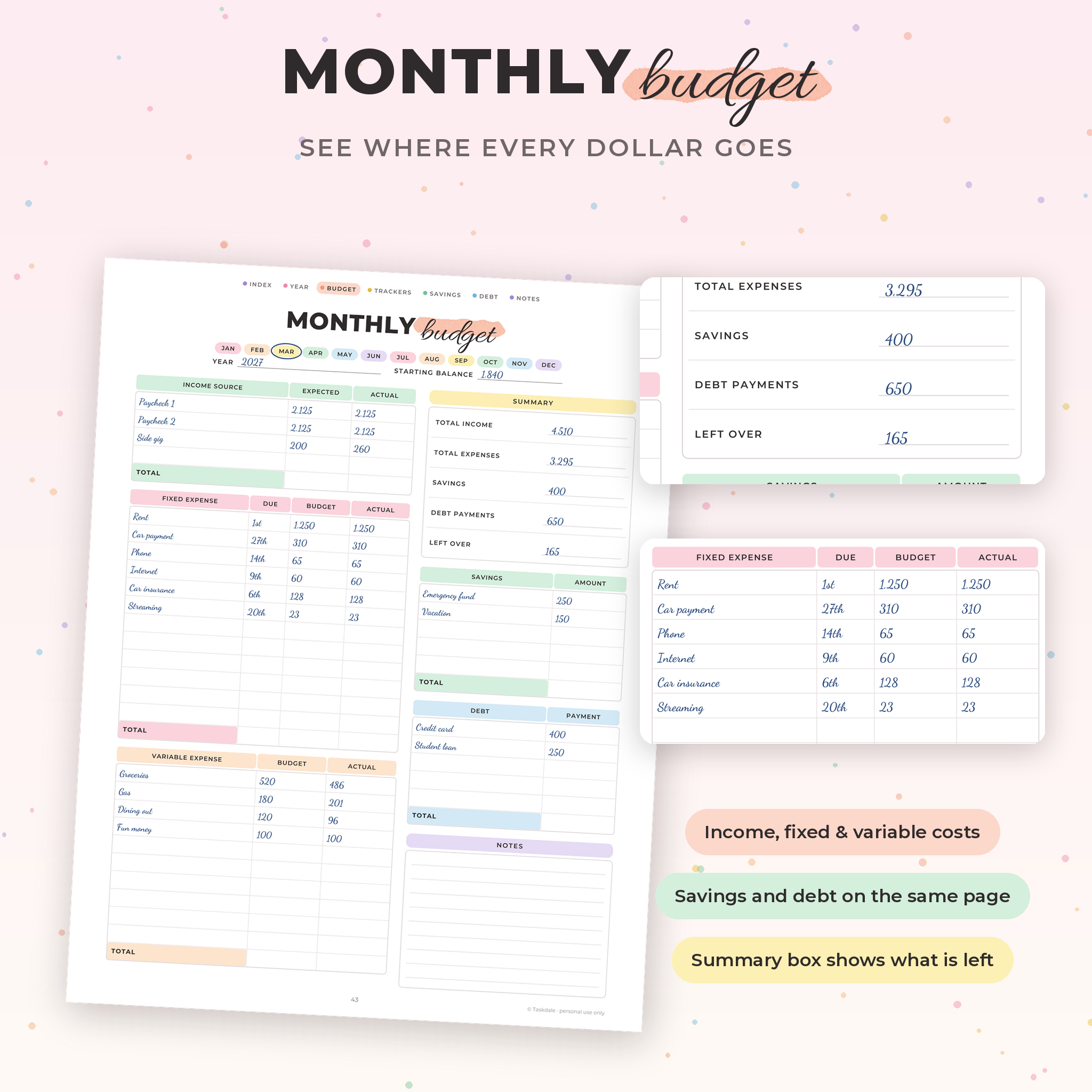 Sorbet Budget Binder printable budget planner, monthly budget page close-up