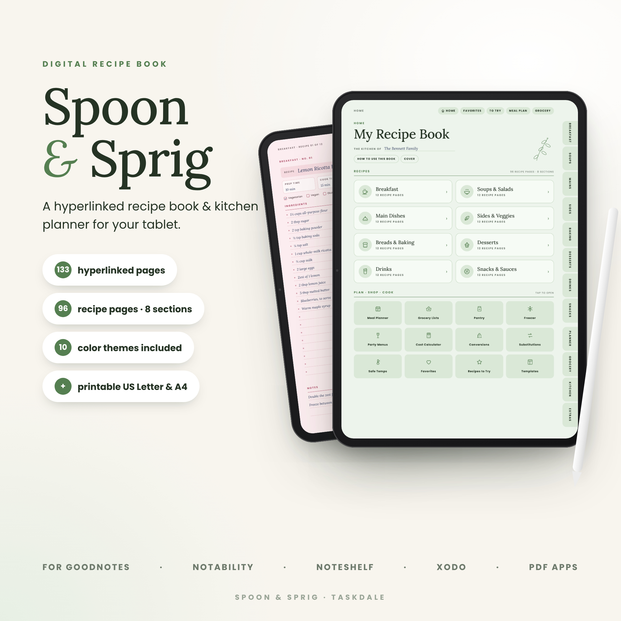 Spoon & Sprig digital recipe book on iPad – hyperlinked recipe book and kitchen planner