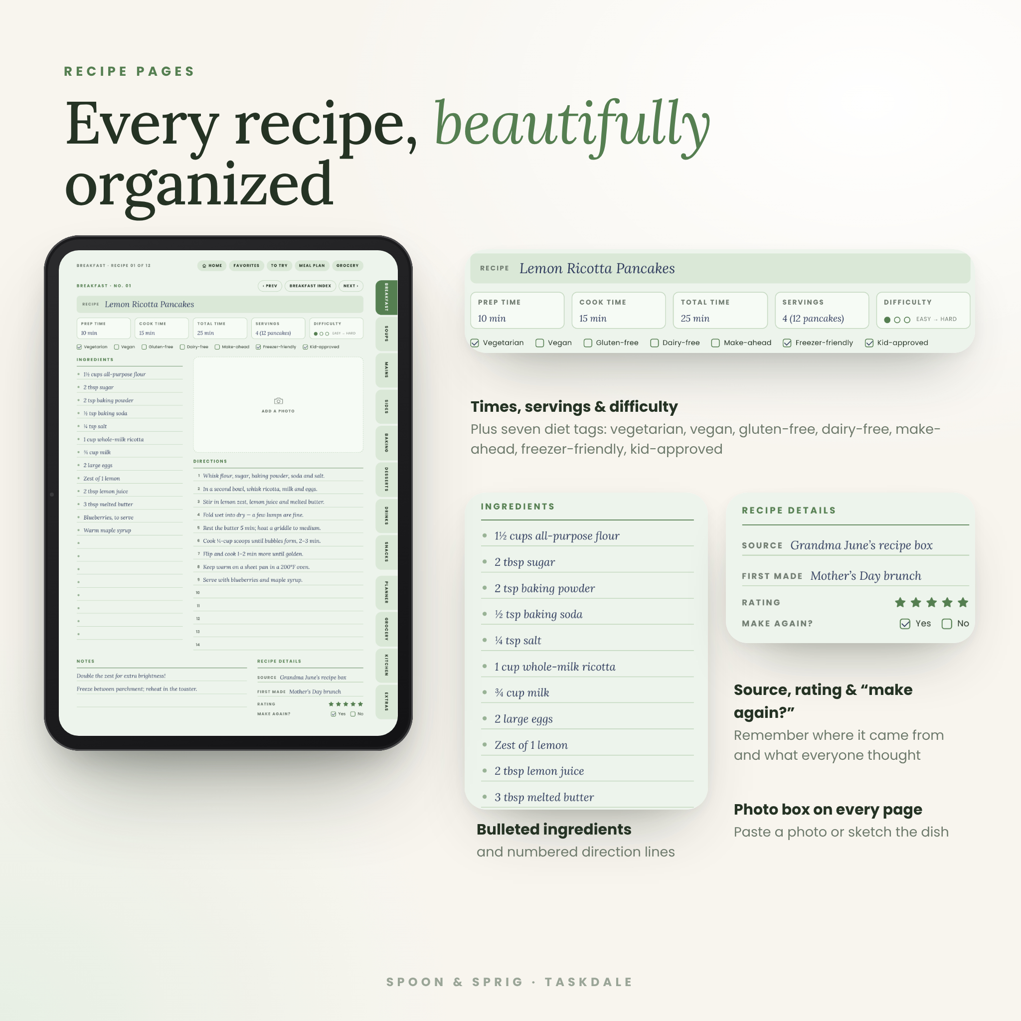 Digital recipe book recipe page with prep time, servings, diet tags, ingredients and directions