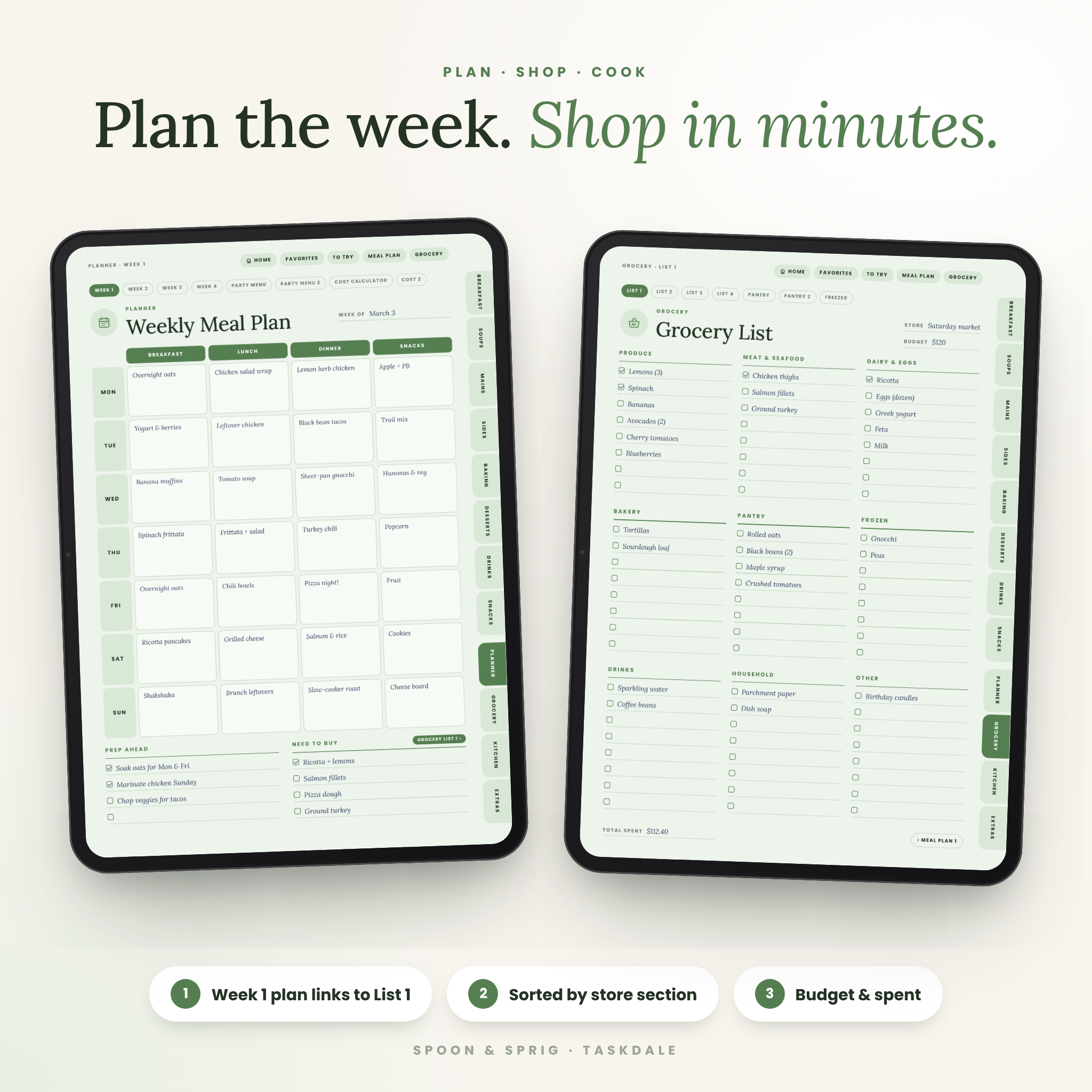 Weekly meal planner and grocery list pages in the digital recipe book