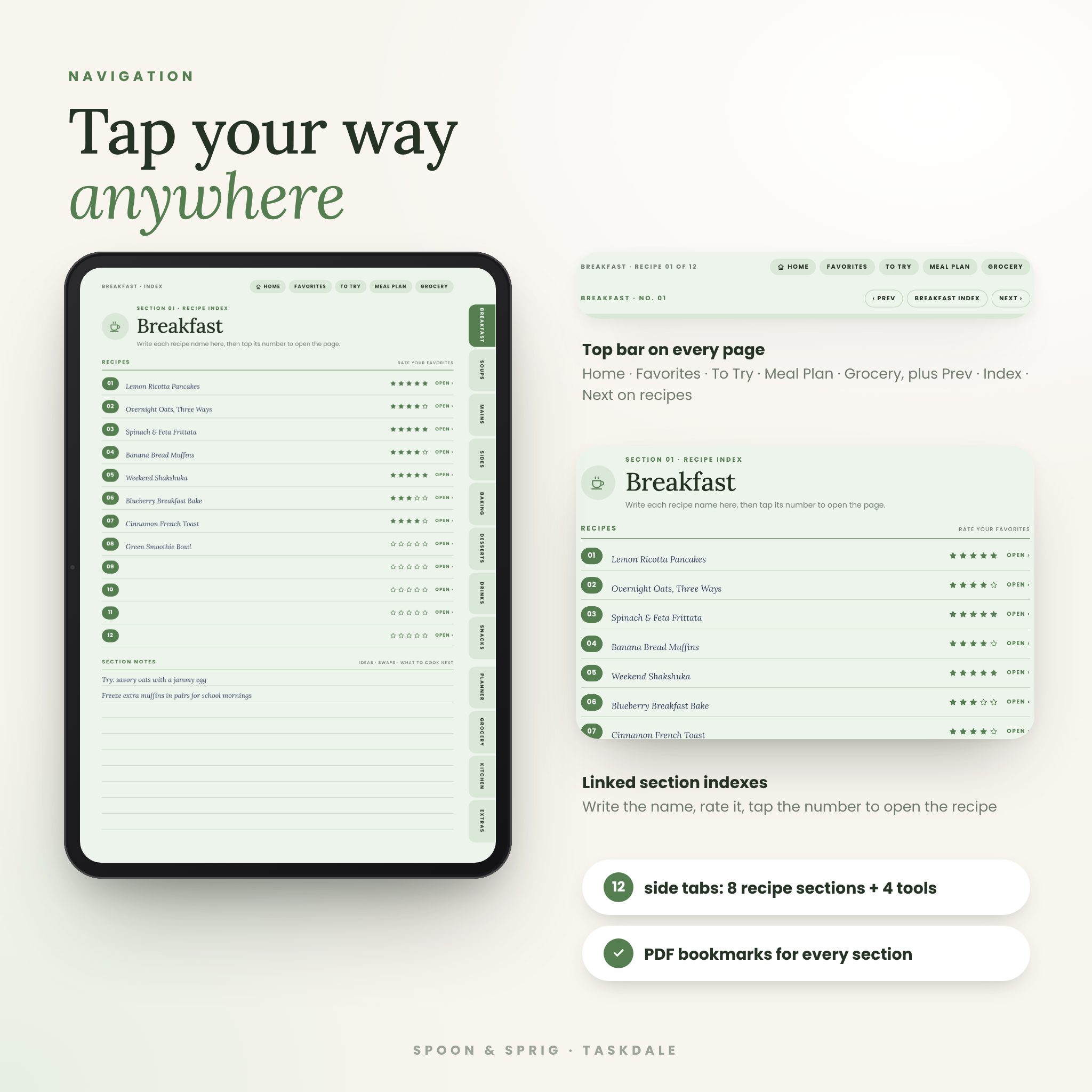 Hyperlinked tabs and recipe index navigation in the digital recipe book