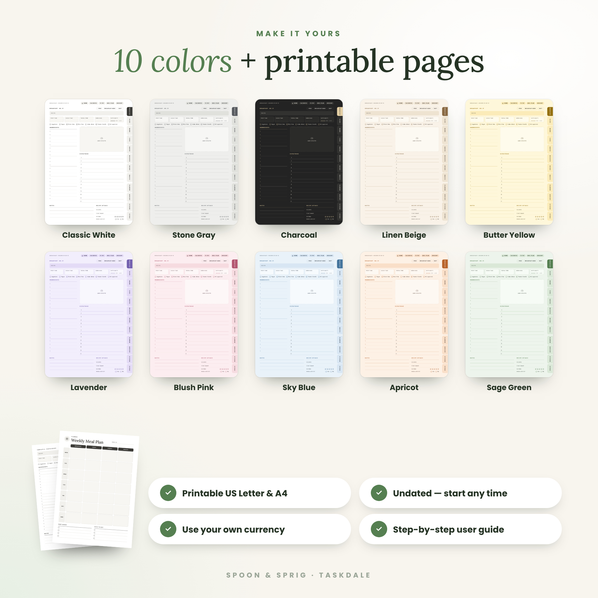 Digital recipe book in 10 colors plus printable US Letter and A4 recipe pages