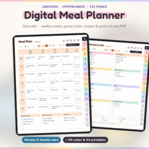Spoonful Digital Meal Planner: Undated Hyperlinked PDF with Weekly Meal Plans, Grocery Lists, Recipe Book and Pantry Tracker