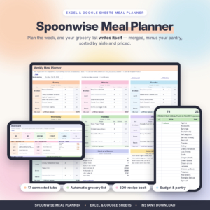 Spoonwise weekly meal planner spreadsheet shown on laptop, tablet and phone