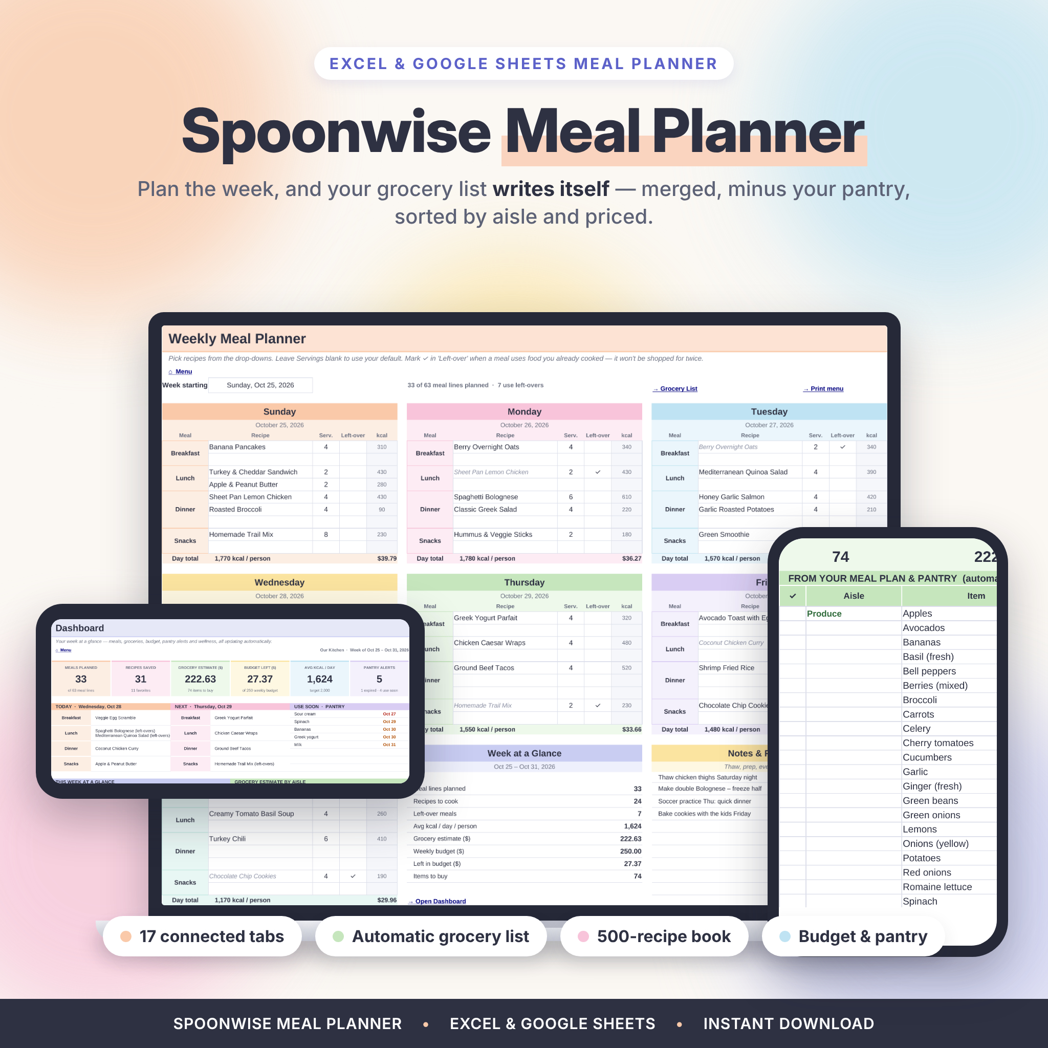 Spoonwise weekly meal planner spreadsheet shown on laptop, tablet and phone