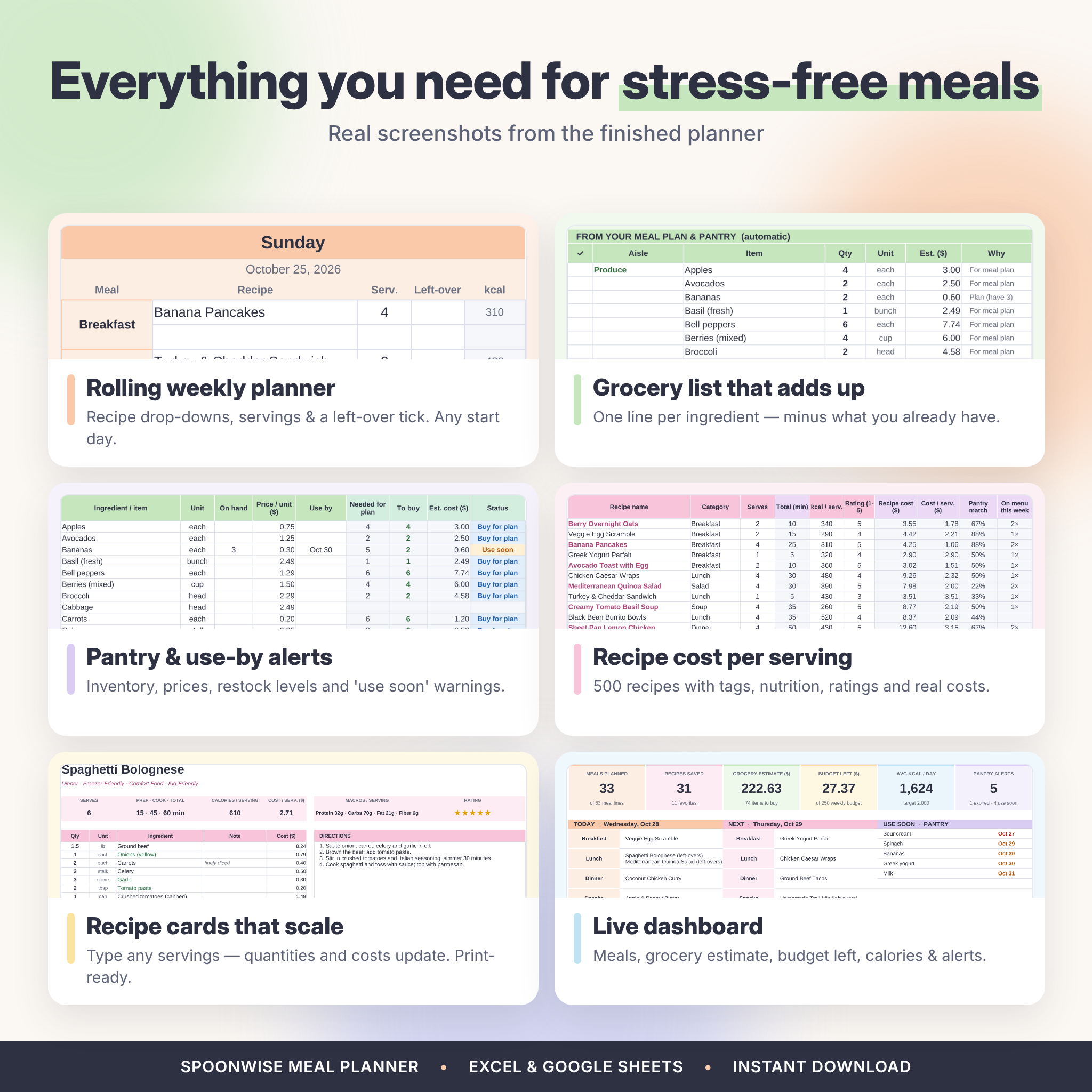 Meal planner spreadsheet features: weekly planner, grocery list, pantry, recipe cost, recipe cards, dashboard