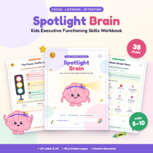 Spotlight Brain executive functioning workbook for kids cover and sample pages