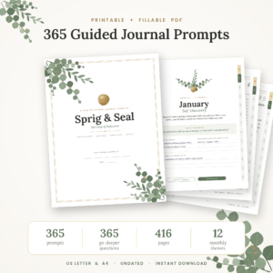 Sprig & Seal 365 guided journal prompts printable and fillable cover with sage eucalyptus and gold seal