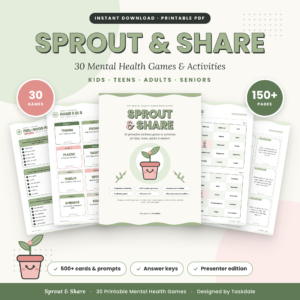 Mental Health Games Bundle – 30 Printable Therapy Group Activities & Wellness Games for Kids, Teens, Adults & Seniors | Sprout & Share
