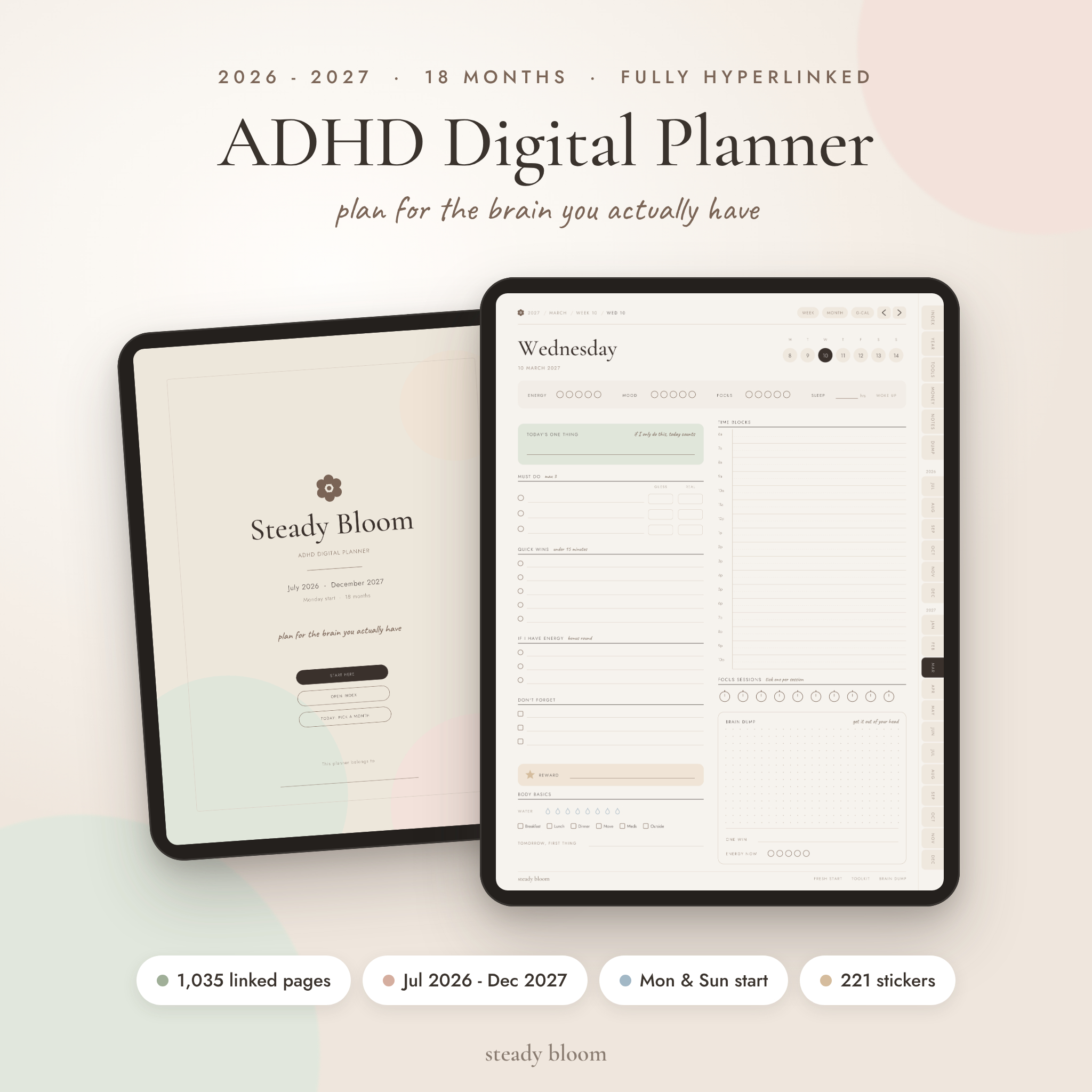 Steady Bloom ADHD digital planner 2026-2027 on iPad with daily page